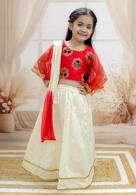 Red Embellished Blended Lehenga Choli For Girls
