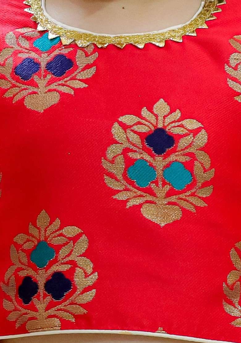 Red Embellished Blended Lehenga Choli For Girls - Indya