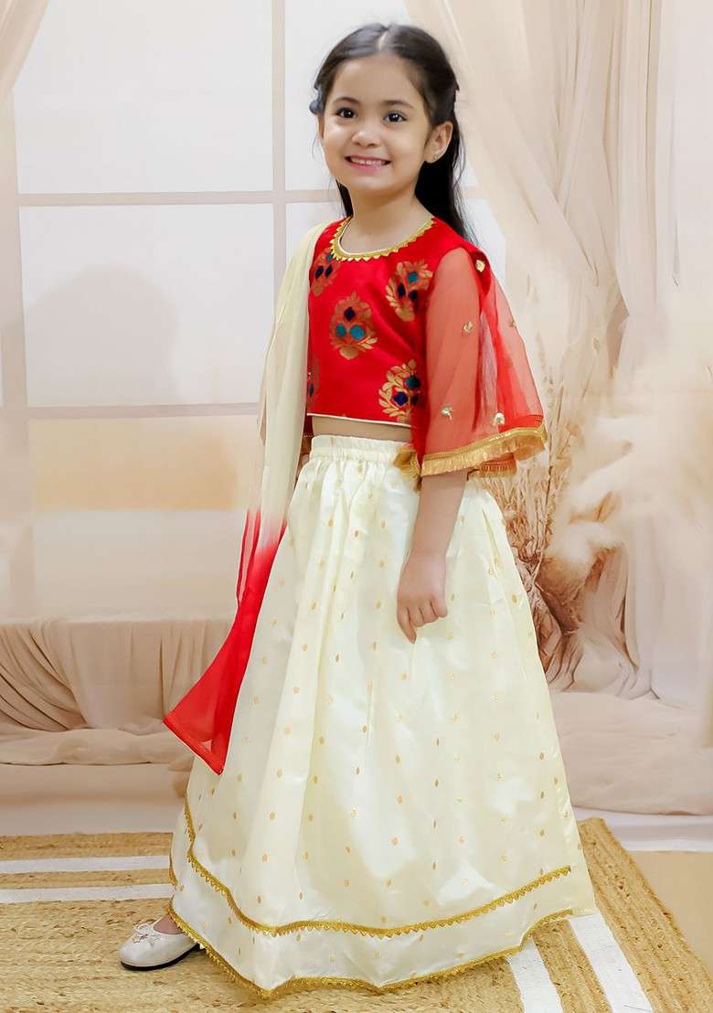 Red Embellished Blended Lehenga Choli For Girls - Indya