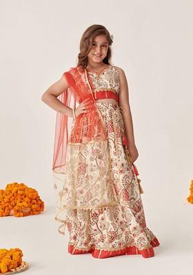 Off White Printed Blended Lehenga Choli For Girls