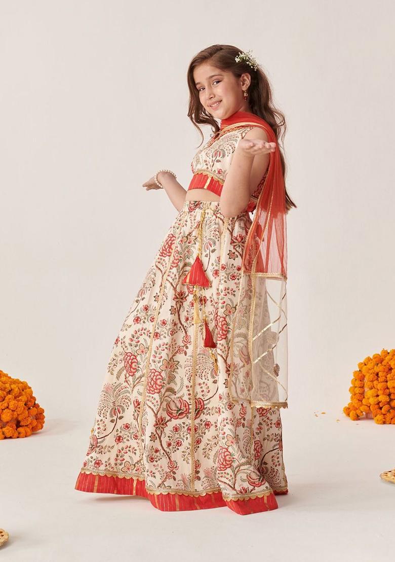 Off White Printed Blended Lehenga Choli For Girls - Indya