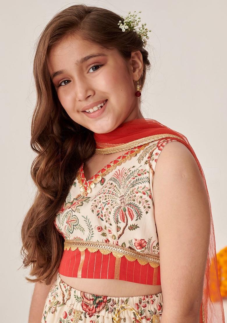 Off White Printed Blended Lehenga Choli For Girls - Indya