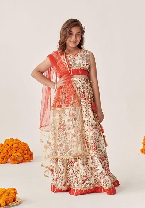 Off White Printed Blended Lehenga Choli For Girls
