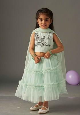 Sea Green Embroidered Net Lehenga Choli For Girls