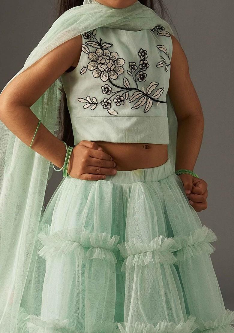 Sea Green Embroidered Net Lehenga Choli For Girls - Indya