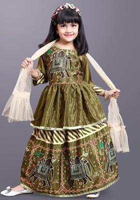 Green Printed Georgette Lehenga Choli For Girls
