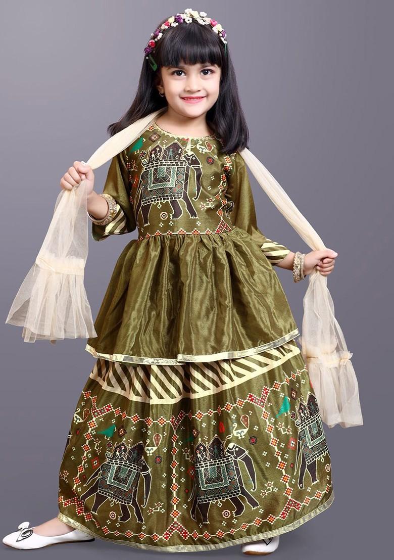 Green Printed Georgette Lehenga Choli For Girls - Indya