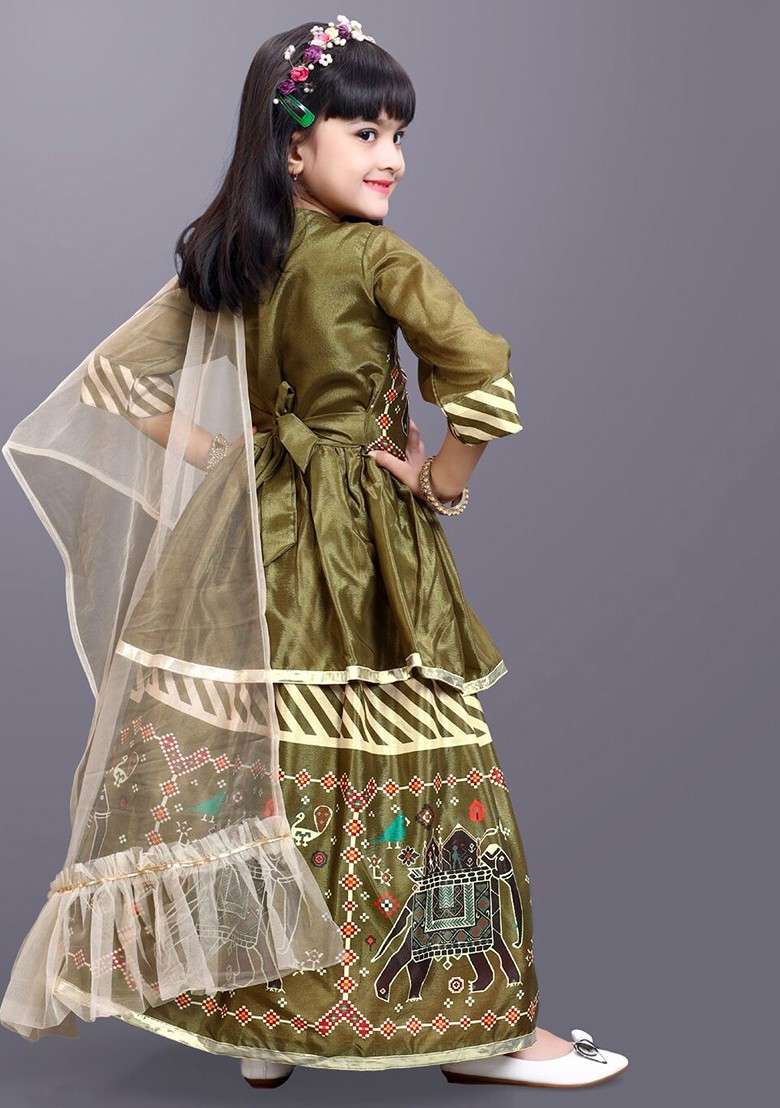 Green Printed Georgette Lehenga Choli For Girls - Indya
