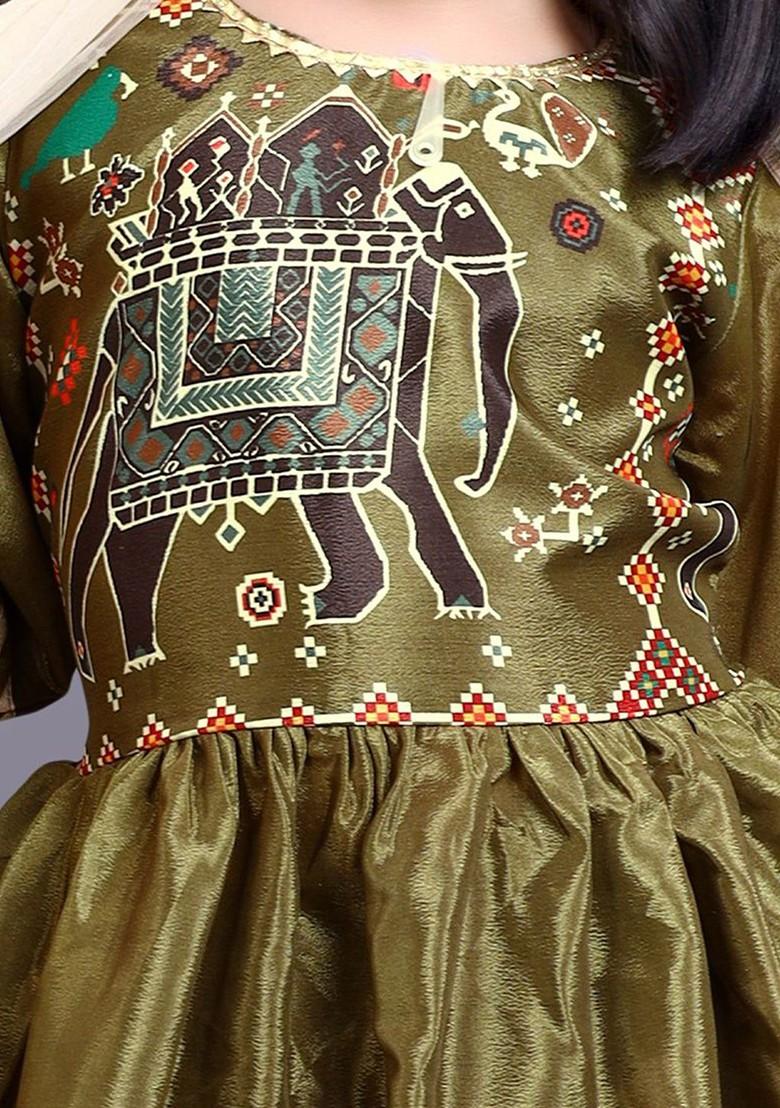 Green Printed Georgette Lehenga Choli For Girls - Indya