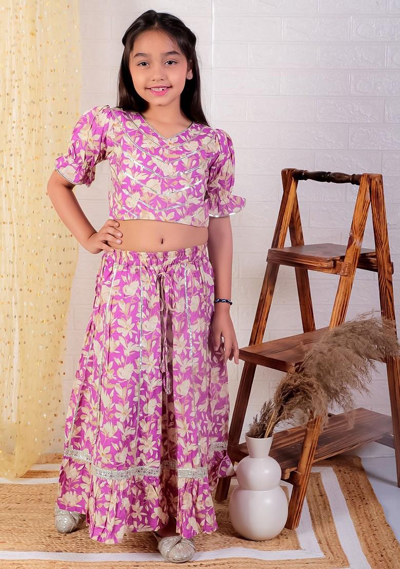 Purple Printed Blended Lehenga Choli For Girls - Indya