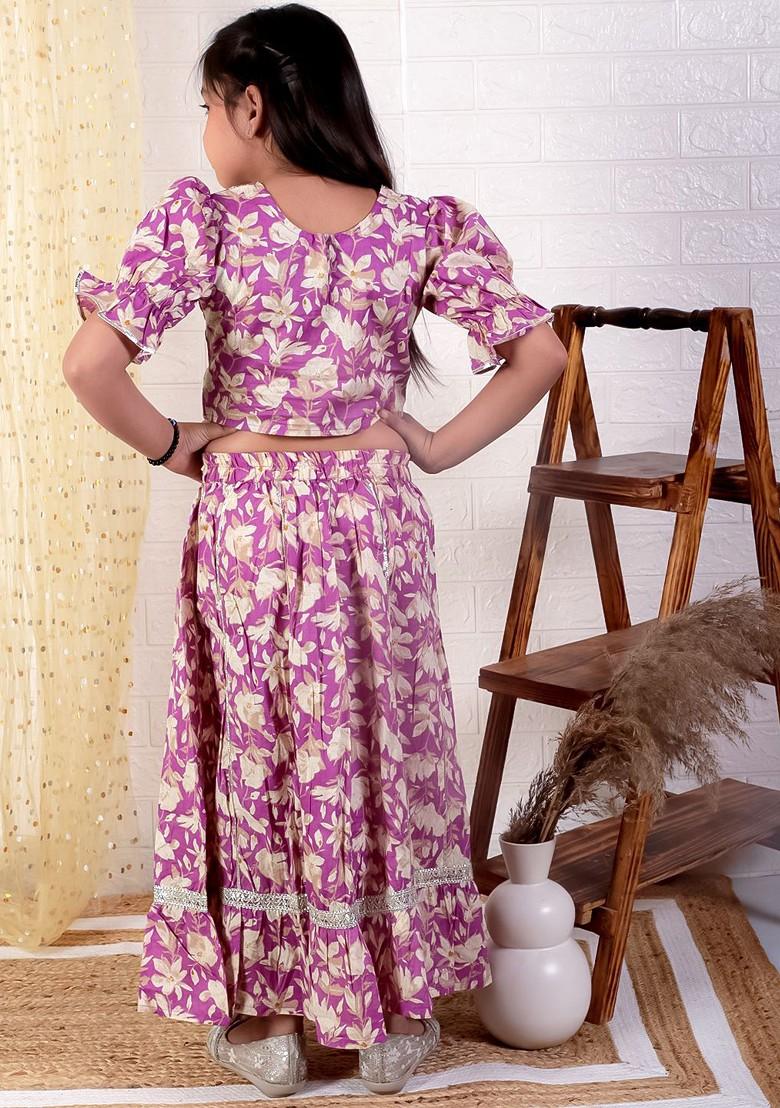 Purple Printed Blended Lehenga Choli For Girls - Indya