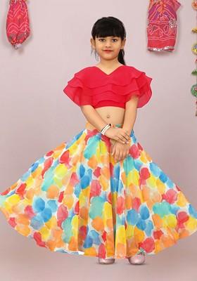 Pink Printed Blended Lehenga Choli For Girls