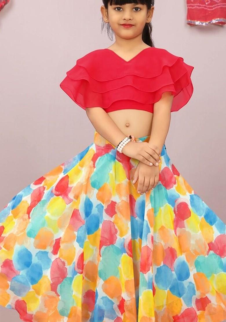 Pink Printed Blended Lehenga Choli For Girls - Indya
