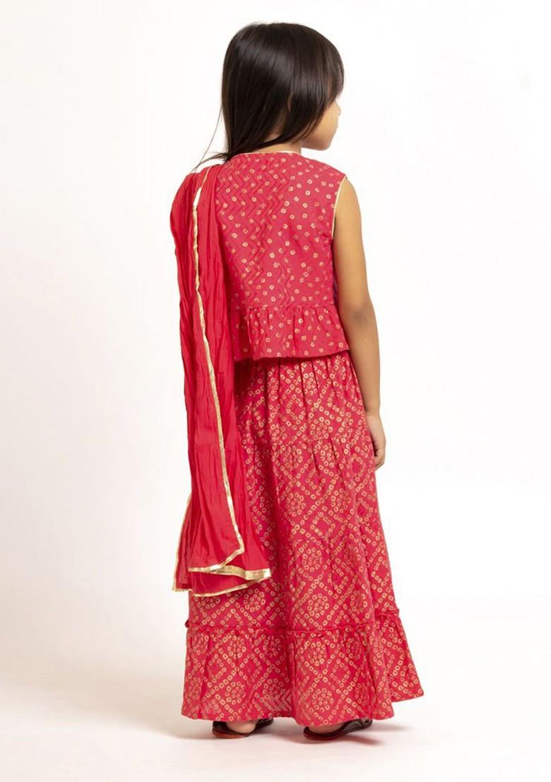 Red Printed Cotton Blend Lehenga Choli For Girls - Indya