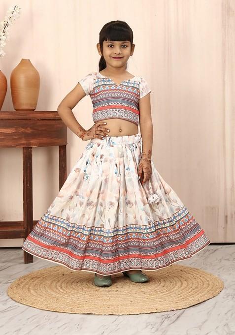 White Printed Blended Lehenga Choli For Girls — view on Indya