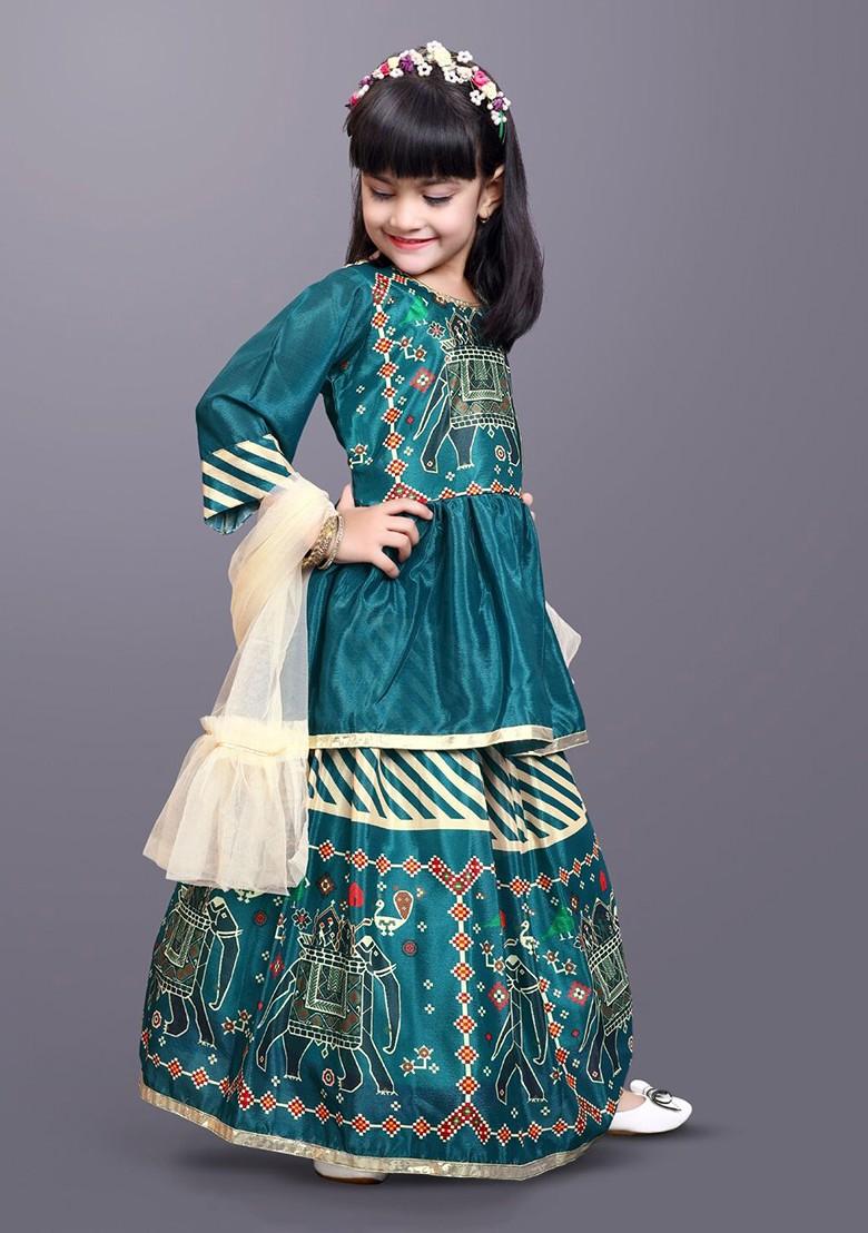 Green Printed Blended Lehenga Choli For Girls - Indya