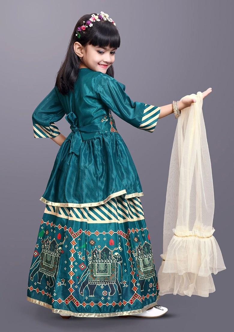 Green Printed Blended Lehenga Choli For Girls - Indya
