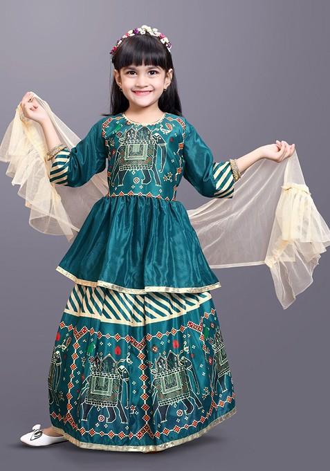 Green Printed Blended Lehenga Choli For Girls — view on Indya