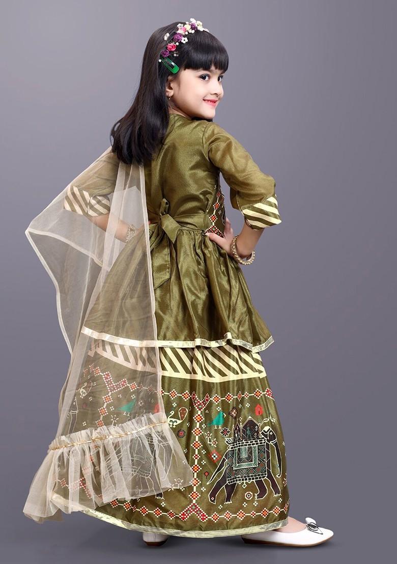 Green Printed Blended Lehenga Choli For Girls - Indya