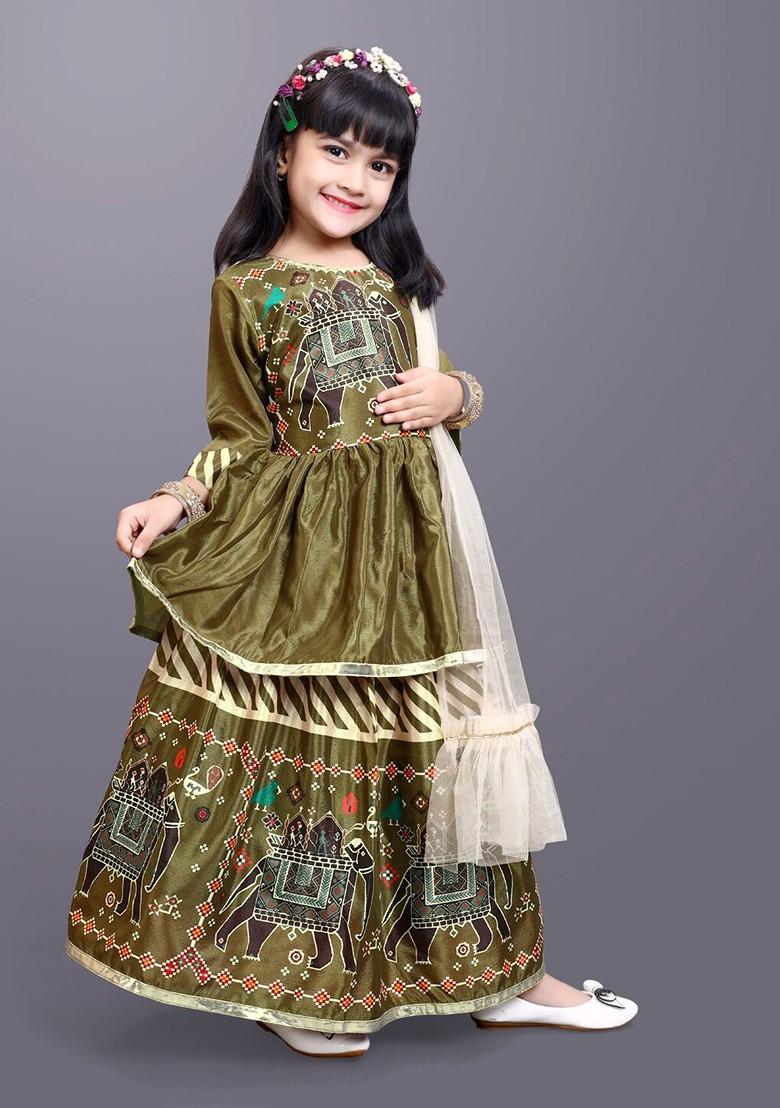 Green Printed Blended Lehenga Choli For Girls - Indya