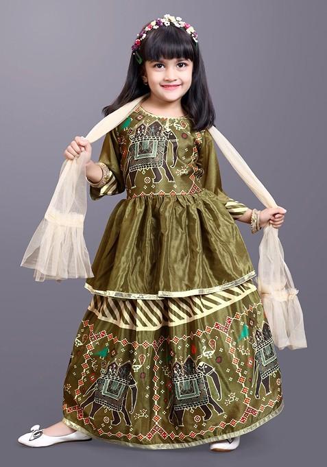 Green Printed Blended Lehenga Choli For Girls — view on Indya