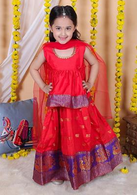 Red Embroidered Blended Lehenga Choli For Girls