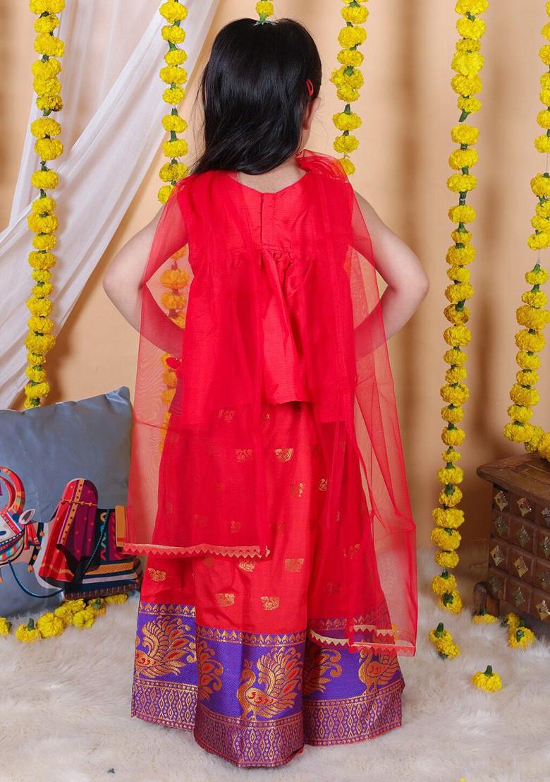 Red Embroidered Blended Lehenga Choli For Girls - Indya