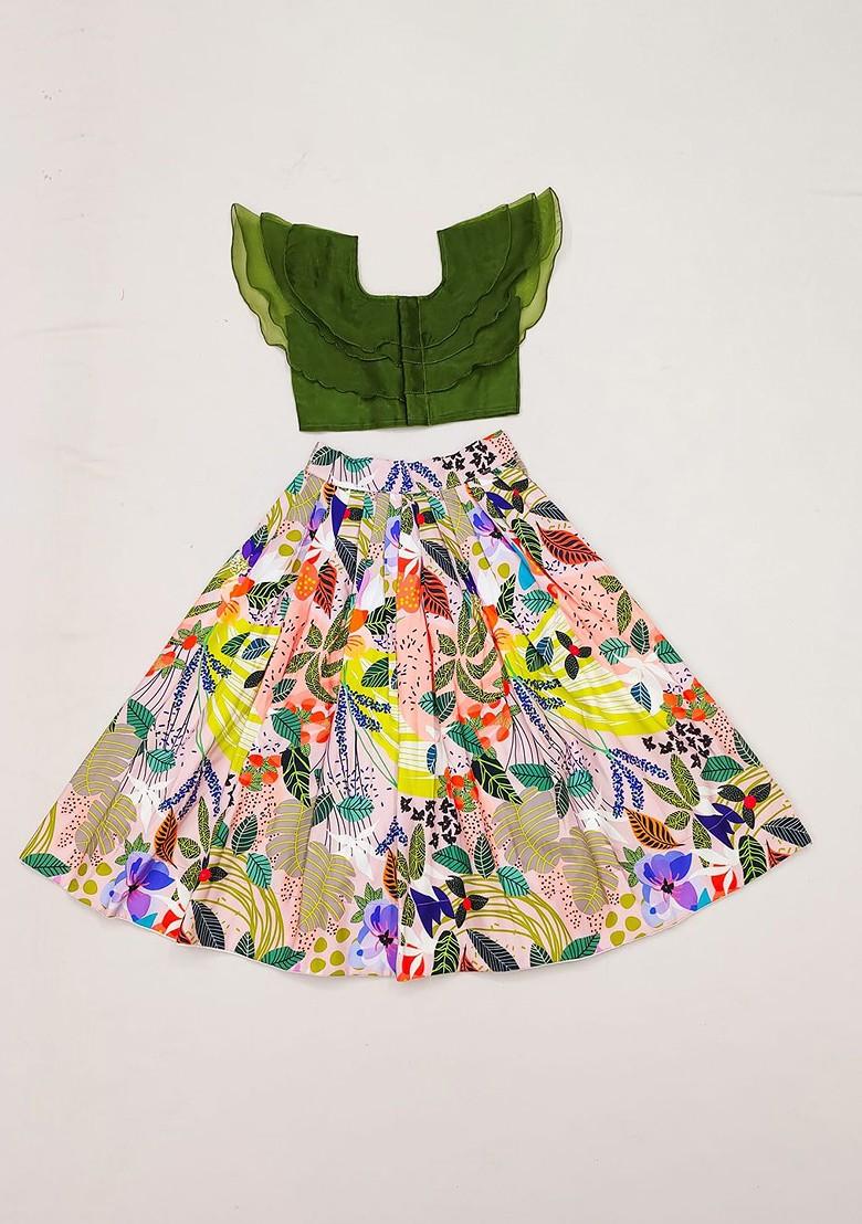 Orange Printed Blended Lehenga Choli For Girls - Indya