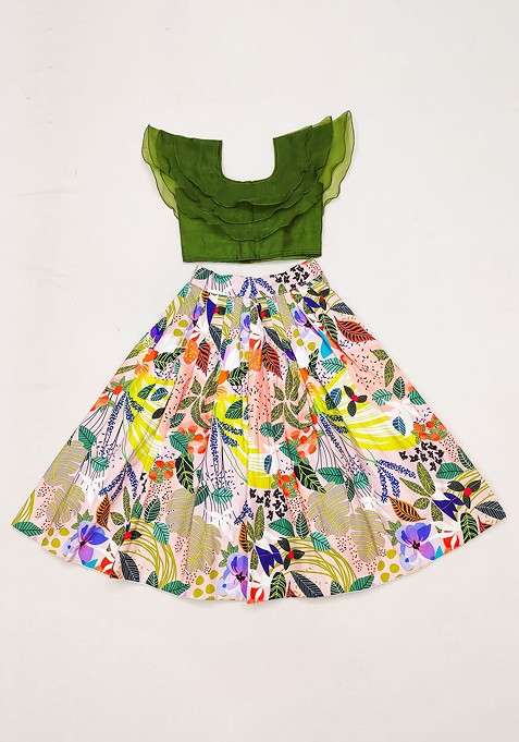 Orange Printed Blended Lehenga Choli For Girls