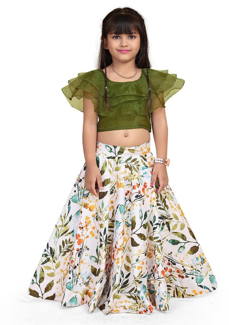 White Printed Blended Lehenga Choli For Girls - Indya