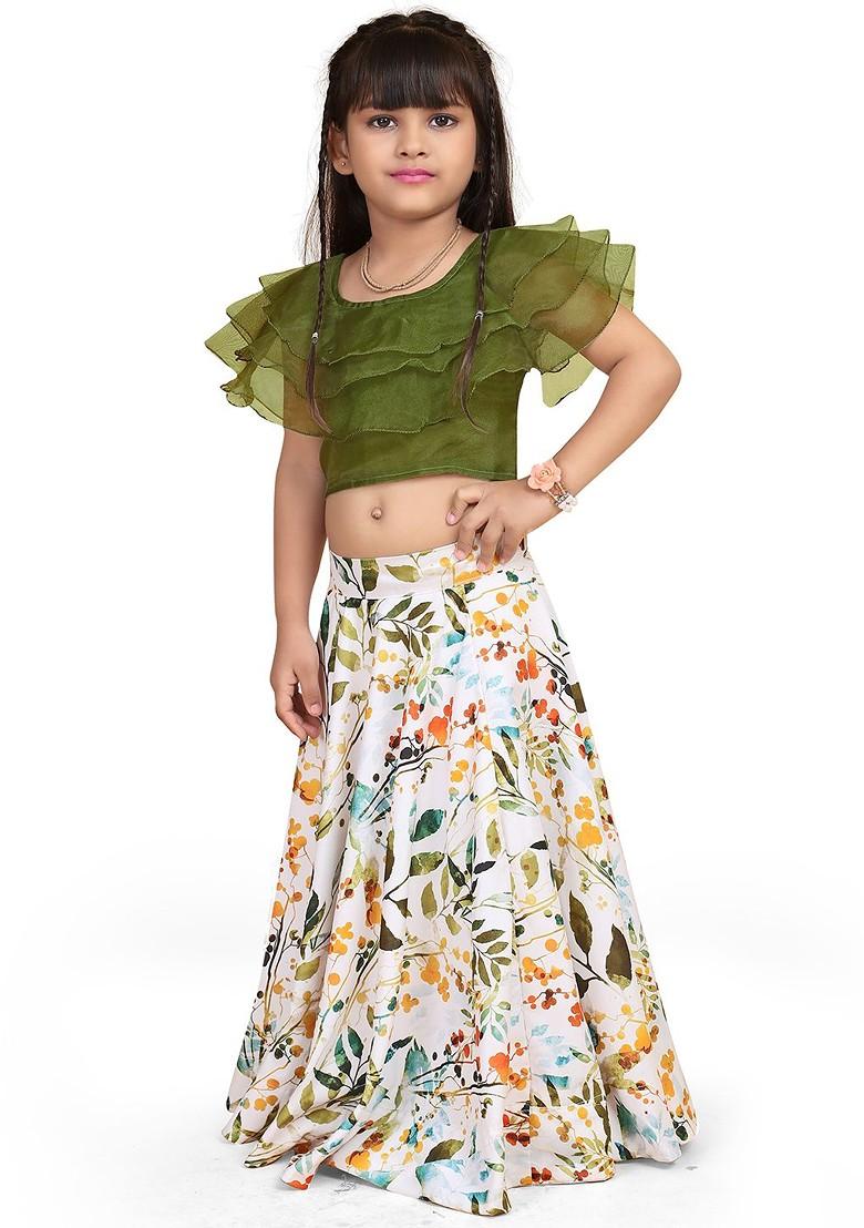 White Printed Blended Lehenga Choli For Girls - Indya