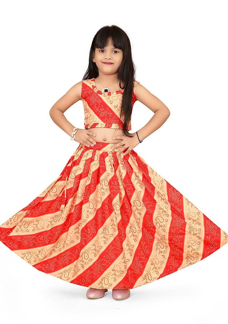 Red Printed Blended Lehenga Choli For Girls - Indya
