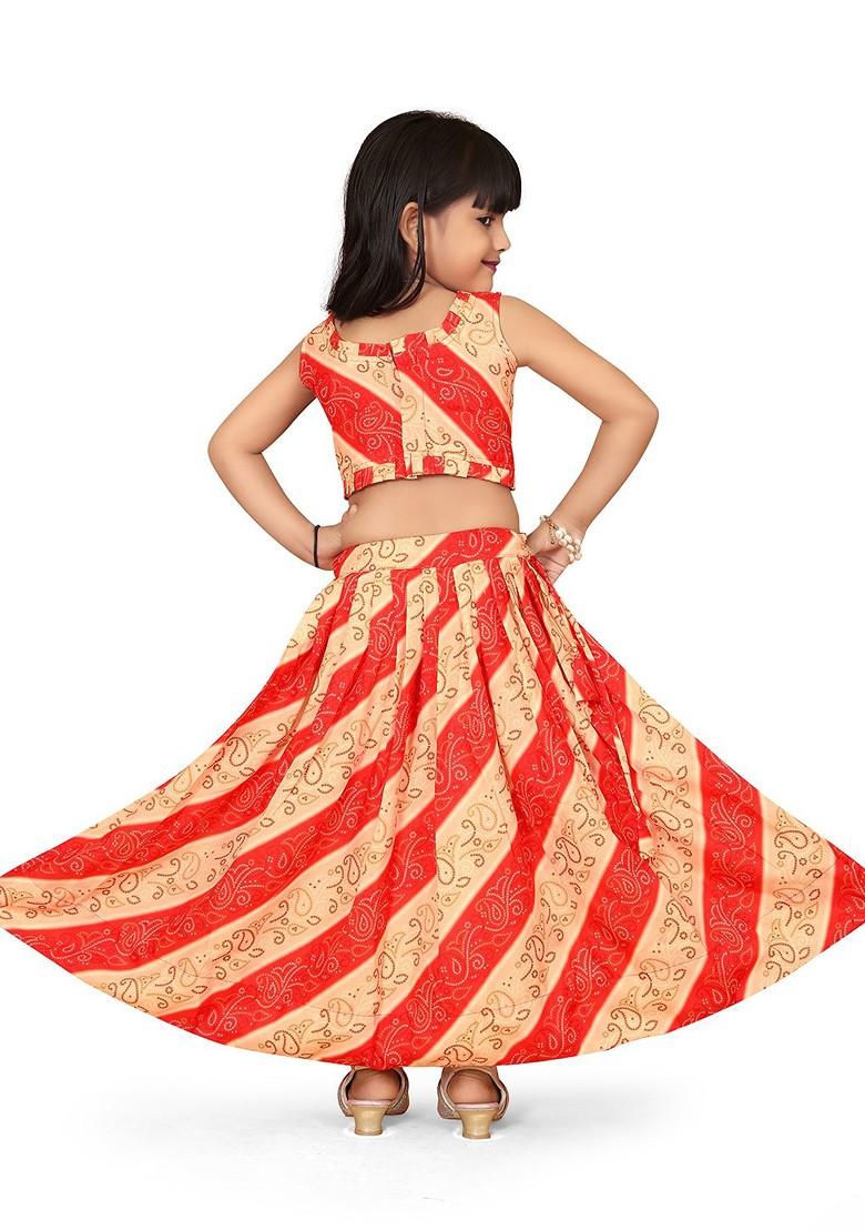 Red Printed Blended Lehenga Choli For Girls - Indya