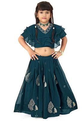 Teal Embroidered Blended Lehenga Choli For Girls