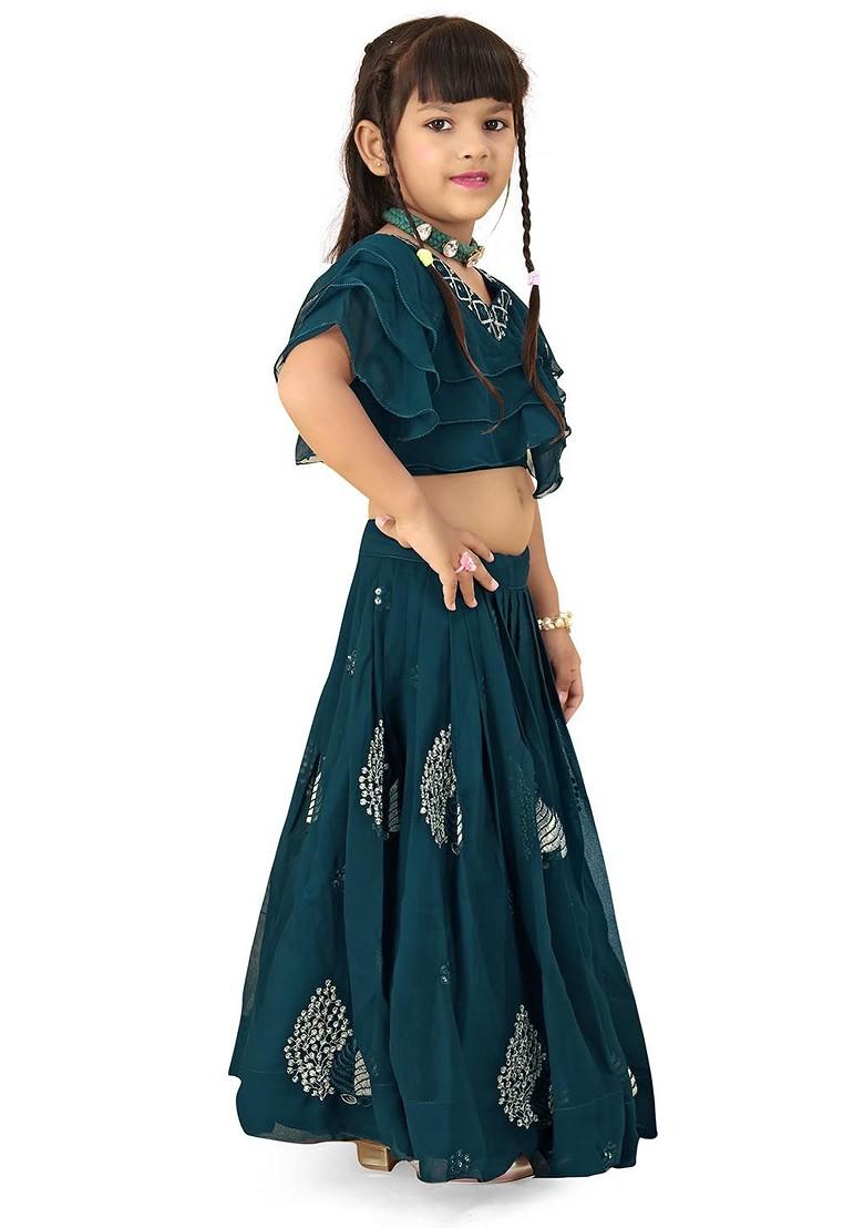 Teal Embroidered Blended Lehenga Choli For Girls - Indya