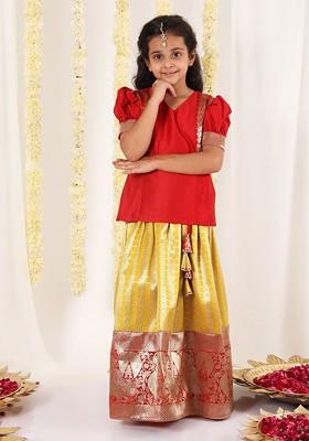 Red Embroidered Blended Lehenga Choli For Girls
