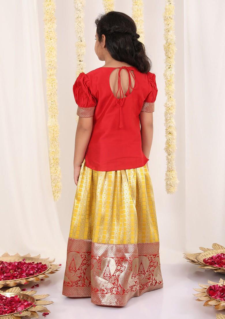 Red Embroidered Blended Lehenga Choli For Girls - Indya