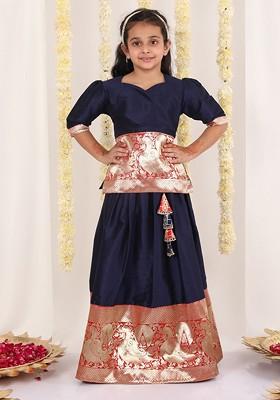 Navy Blue Embroidered Blended Lehenga Choli For Girls
