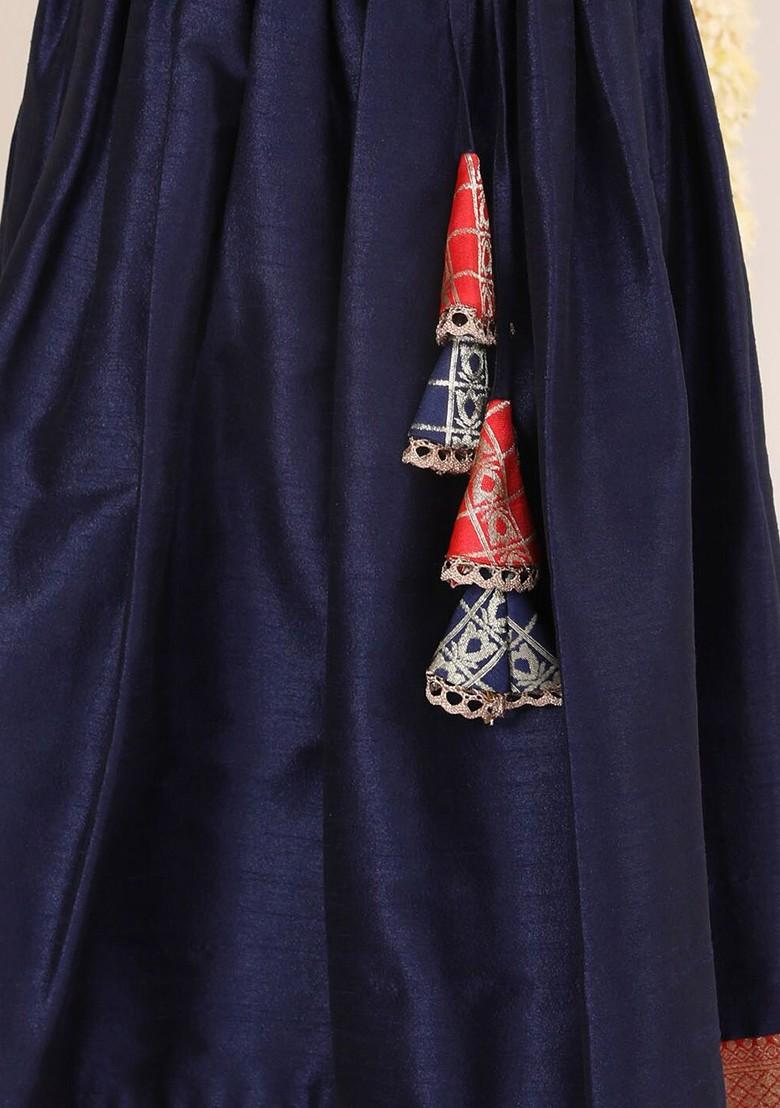 Navy Blue Embroidered Blended Lehenga Choli For Girls - Indya
