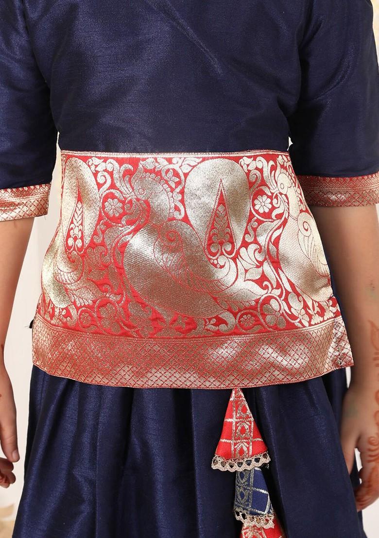 Navy Blue Embroidered Blended Lehenga Choli For Girls - Indya