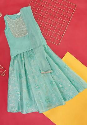 Teal Embroidered Blended Lehenga Choli For Girls