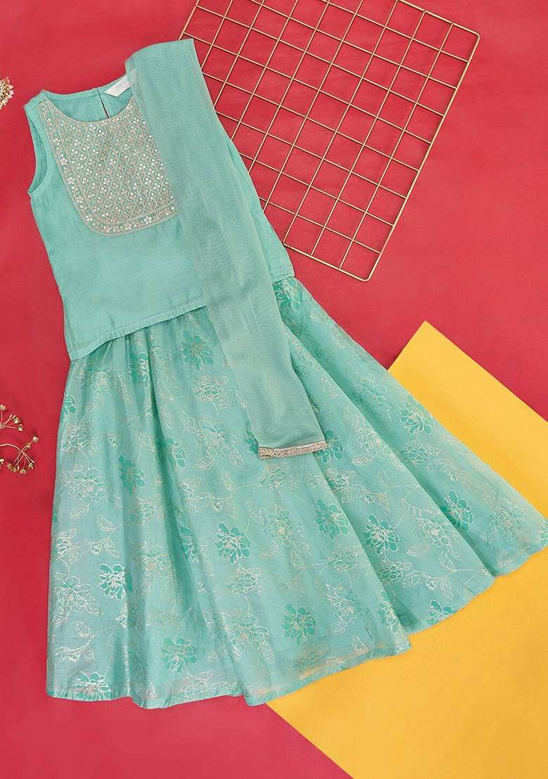 Teal Embroidered Blended Lehenga Choli For Girls - Indya