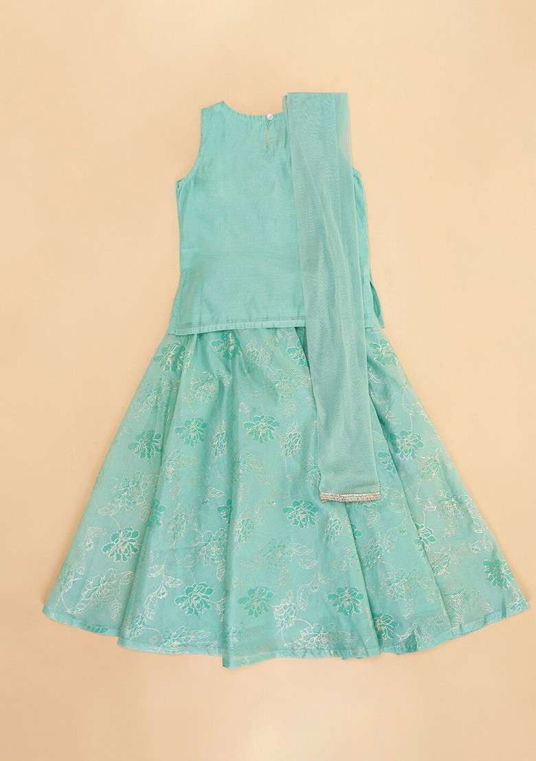 Teal Embroidered Blended Lehenga Choli For Girls - Indya