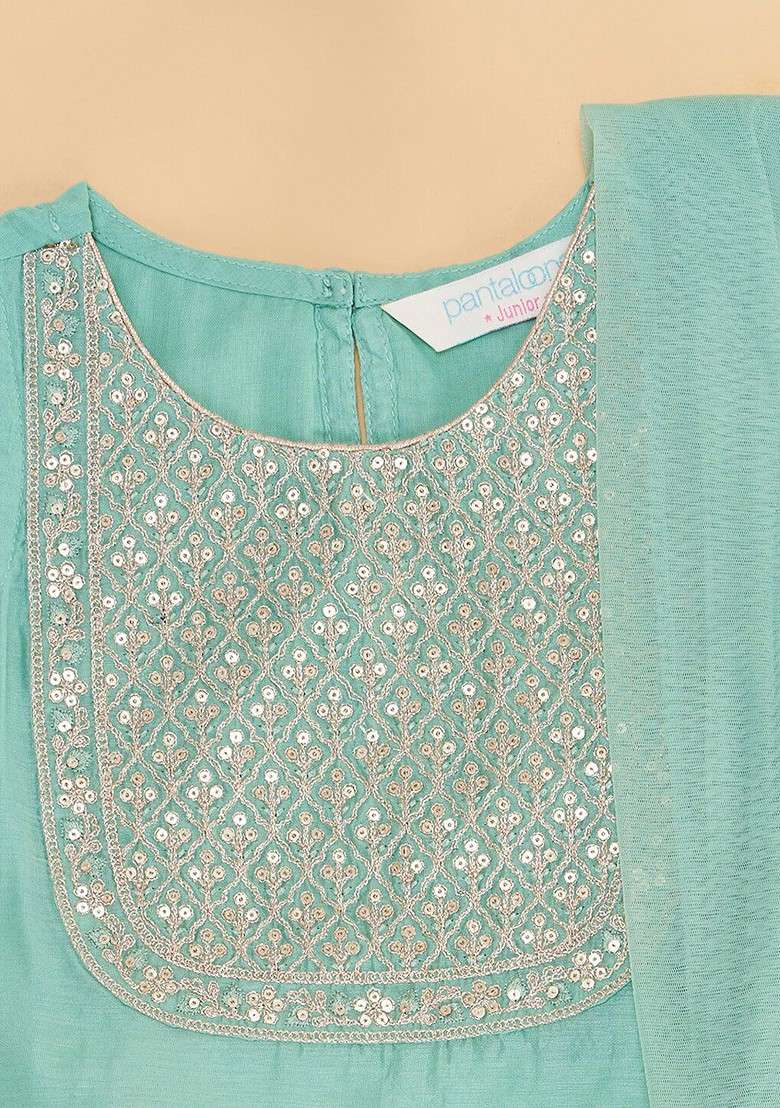 Teal Embroidered Blended Lehenga Choli For Girls - Indya