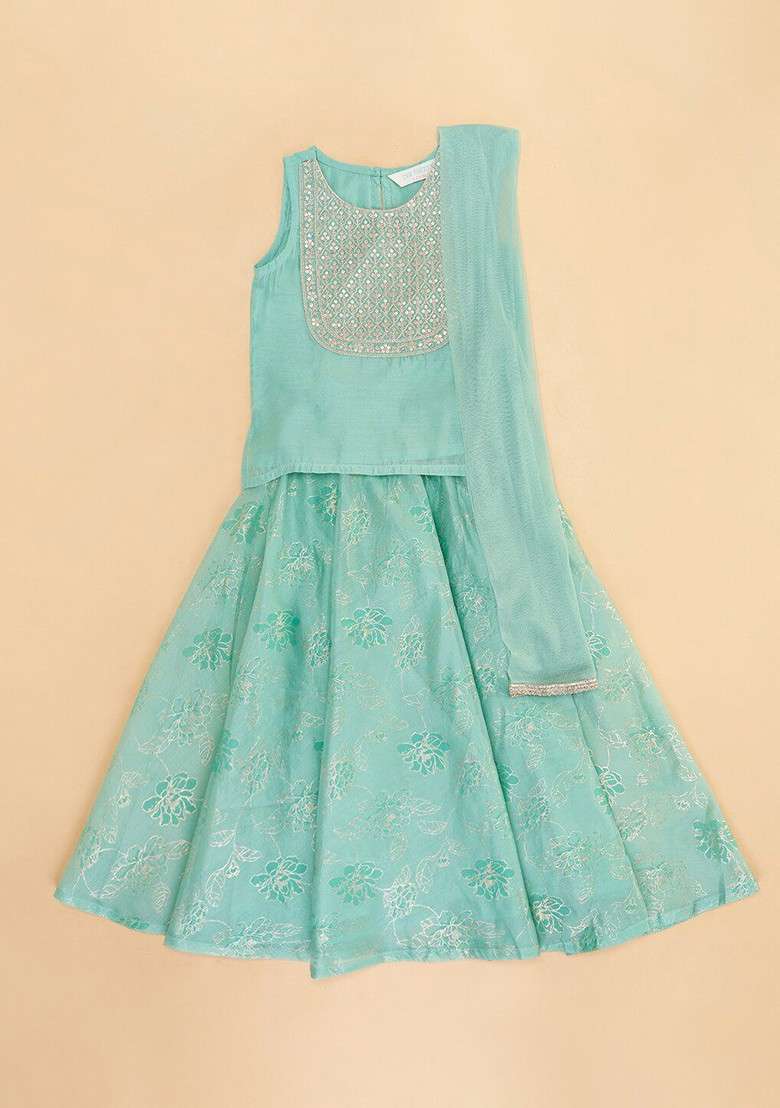 Teal Embroidered Blended Lehenga Choli For Girls - Indya