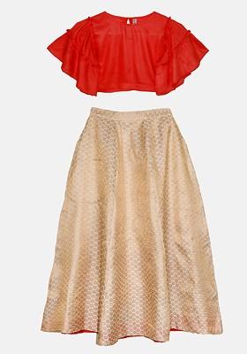 Red Embroidered Blended Lehenga Choli For Girls