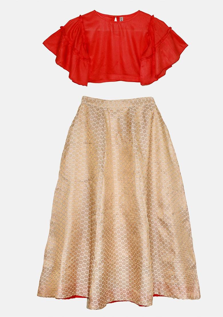 Red Embroidered Blended Lehenga Choli For Girls - Indya