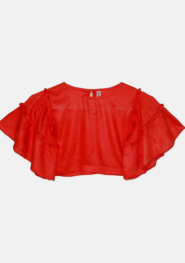 Red Embroidered Blended Lehenga Choli For Girls - Indya