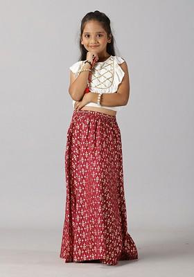 White Printed Blended Lehenga Choli For Girls