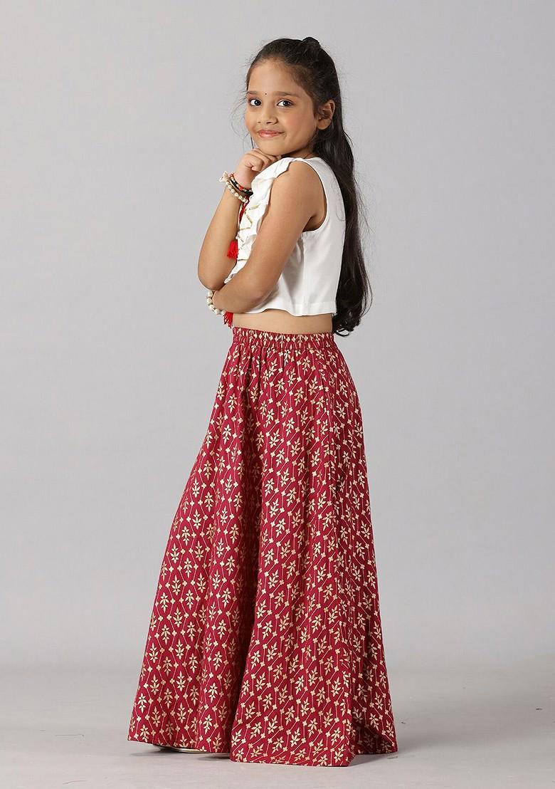 White Printed Blended Lehenga Choli For Girls - Indya